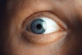 Close-up of human eye looking sideways, macro photo of frightened