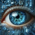 Close-up of a human eye merged with a circuit board, symbolizing advanced biotechnology and artificial intelligence. Royalty Free Stock Photo