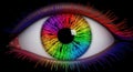Digital Rainbow Eye: Binary Code Iris and Vibrant Lashes on Black Royalty Free Stock Photo