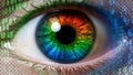Human eye with rainbow iris and binary code overlay Royalty Free Stock Photo