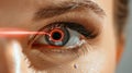 Close up of human eye with red laser beam for eye surgery on white background, space for text Royalty Free Stock Photo