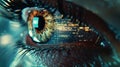 Close-up of human eye reflecting digital data, concept of technology and human connection Royalty Free Stock Photo
