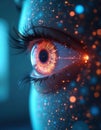 Close up of a human eye reflecting a digital world. Futuristic iris glows with data streams. Light particles float around, Royalty Free Stock Photo