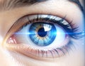 Close-up of human eye with subtle digital HUD reflection, iris scanning technology for cybersecurity and biometric identity Royalty Free Stock Photo