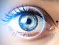 Close-up of human eye with subtle digital HUD reflection, iris scanning technology for cybersecurity and biometric identity Royalty Free Stock Photo