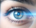 Close-up of human eye with subtle digital HUD reflection, iris scanning technology for cybersecurity and biometric identity Royalty Free Stock Photo