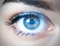 Close-up of human eye with subtle digital HUD reflection, iris scanning technology for cybersecurity and biometric identity Royalty Free Stock Photo