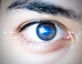 Close-up of human eye with subtle digital HUD reflection, iris scanning technology for cybersecurity and biometric identity Royalty Free Stock Photo