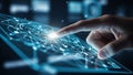 Close-up of a human finger touching a glowing digital network interface on a futuristic transparent screen Keywords Royalty Free Stock Photo