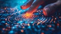 Close-up of a human finger touching a glowing fingerprint sensor on a digital interface, depicting secure biometric authentication