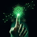 Human hand interacting with a glowing green digital cube, representing advanced technology and future innovation Royalty Free Stock Photo