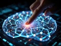 Human finger interacting with a glowing digital brain network, symbolizing AI and technology Royalty Free Stock Photo