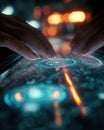 Close up of human fingers interacting with a futuristic holographic touchscreen interface with glowing blue circles and data Royalty Free Stock Photo