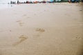 Close up on human foot print on the sand beach Royalty Free Stock Photo