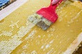 Close up of human hand extracting honey from honeycomb