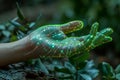 Generative AI Illustration Close up of human hand with glowing electronic green line futuristic