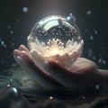 Close up of human hand holding crystal ball with abstract background. 3D rendering Royalty Free Stock Photo