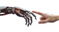 Close up of human hand pointing at robot arm. 3D rendering isolated on transparent background. Royalty Free Stock Photo