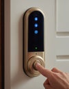 Close-up of human hand pressing button on door smart lock, security concept Royalty Free Stock Photo