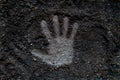 Close up human hand print on the soil ground g Royalty Free Stock Photo