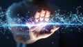 Close-up of a human hand reaching out to touch a glowing blue digital network of interconnected lines and nodes with Royalty Free Stock Photo