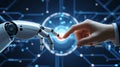 Human hand touching robotic finger connection on digital background representing ai and future technology Royalty Free Stock Photo
