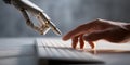 Close-up of human hand and robotic hand reaching towards each other over a computer keyboard symbolizing technology and human Royalty Free Stock Photo