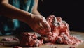 Close up of human hand slicing fresh steak generated by AI