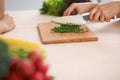 Close-up of human hands cooking vegetables salad in kitchen. Healthy meal and vegetarian concept Royalty Free Stock Photo