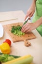 Close-up of human hands cooking vegetables salad in kitchen. Healthy meal and vegetarian concept Royalty Free Stock Photo