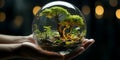 Close-up of Human Hands Holding Glass Globe with Tree Inside (AI generated)