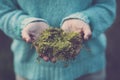 Close up of human hands holding natural green musk. Concept of earth`s day and stop climate change. Global warming bad future. Royalty Free Stock Photo