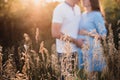 Close up of human hands holding pregnant belly, closeup happy family awaiting baby, standing on green grass, body part, young fami