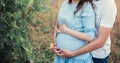 Close up of human hands holding pregnant belly, closeup happy family awaiting baby, standing on green grass, body part, young fami