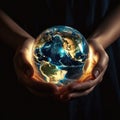 Close up human hands holding shining globe. Earth day. AI generated picture