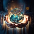 Close up human hands holding shining globe. Earth day. AI generated picture