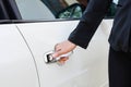 Close up of human male hand opening car Royalty Free Stock Photo