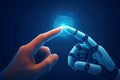 Close-up of human and robot fingers touching with a glowing digital connection artificial intelligence Royalty Free Stock Photo