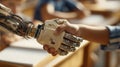 Close-up humanârobot handshake in school setting, representing edtech innovation, digital transformation, and future-ready Royalty Free Stock Photo