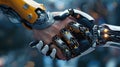 Close-up of a human-robot handshake, showcasing the integration of technology in the workforce. Robotic arms