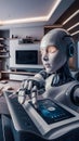 A close-up of a humanoid robot interacting with a smart home system. Royalty Free Stock Photo