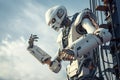 A close-up of a humanoid robot on the ship, futuristic AI robot electrician repairing electrical components and restoring power,