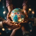 Close up humans hands holding shining globe. Earth day. AI generated picture