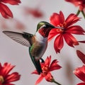 A close-up of a hummingbird feeding from a bright red flower2