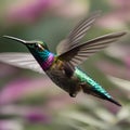 A close-up of a hummingbird in flight, showcasing its rapid wing movement and iridescent plumage1