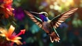 Close up of Hummingbird hovering near a vibrant tropical flower