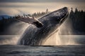 Close-up of a humpback whale jumping out of the water against the backdrop of a coniferous forest Royalty Free Stock Photo