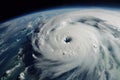 close-up of a hurricane or cyclone, with visible clouds and wind