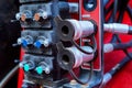 Close up lift hitch. Hydraulic equipment of a modern tractor