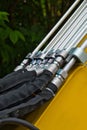 Close up of hydraulic lines and connections on an excavator Royalty Free Stock Photo